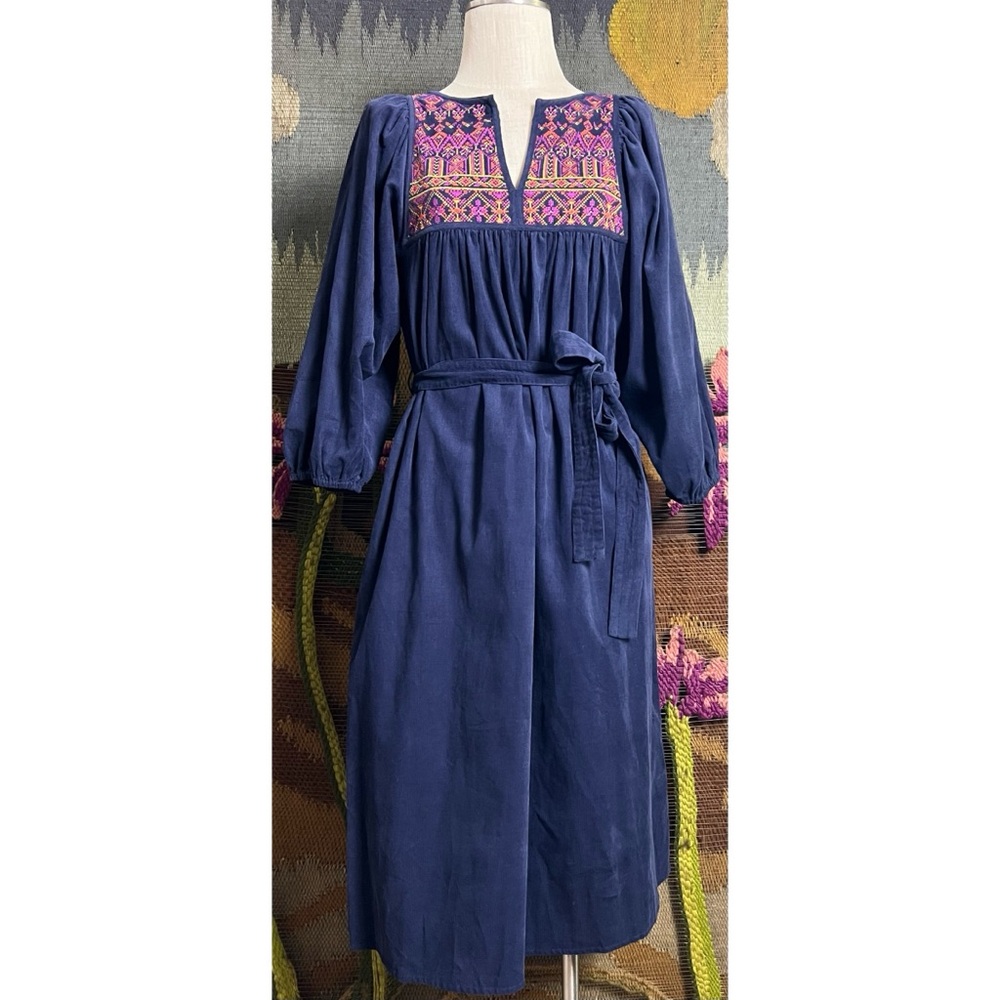 Embroidered Navy Midi Dress with Belt